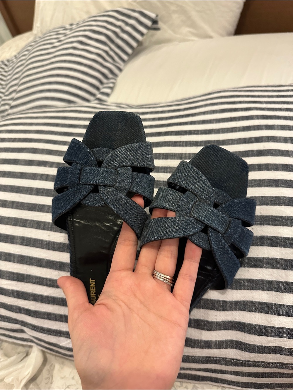 Saint Laurent Tribute Slides Dark Blue Denim Knot Slide Mules - Picture 2 of 9